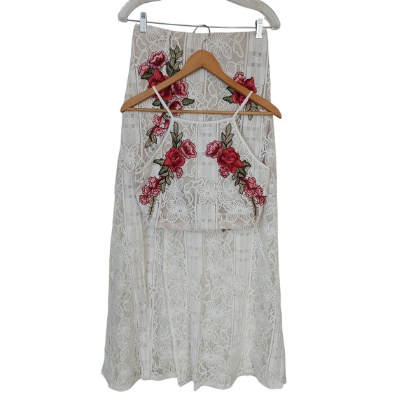 Lulus White Lace Floral Embroidered Two Piece Maxi Skirt Set Size Medium - Picture 2 of 8
